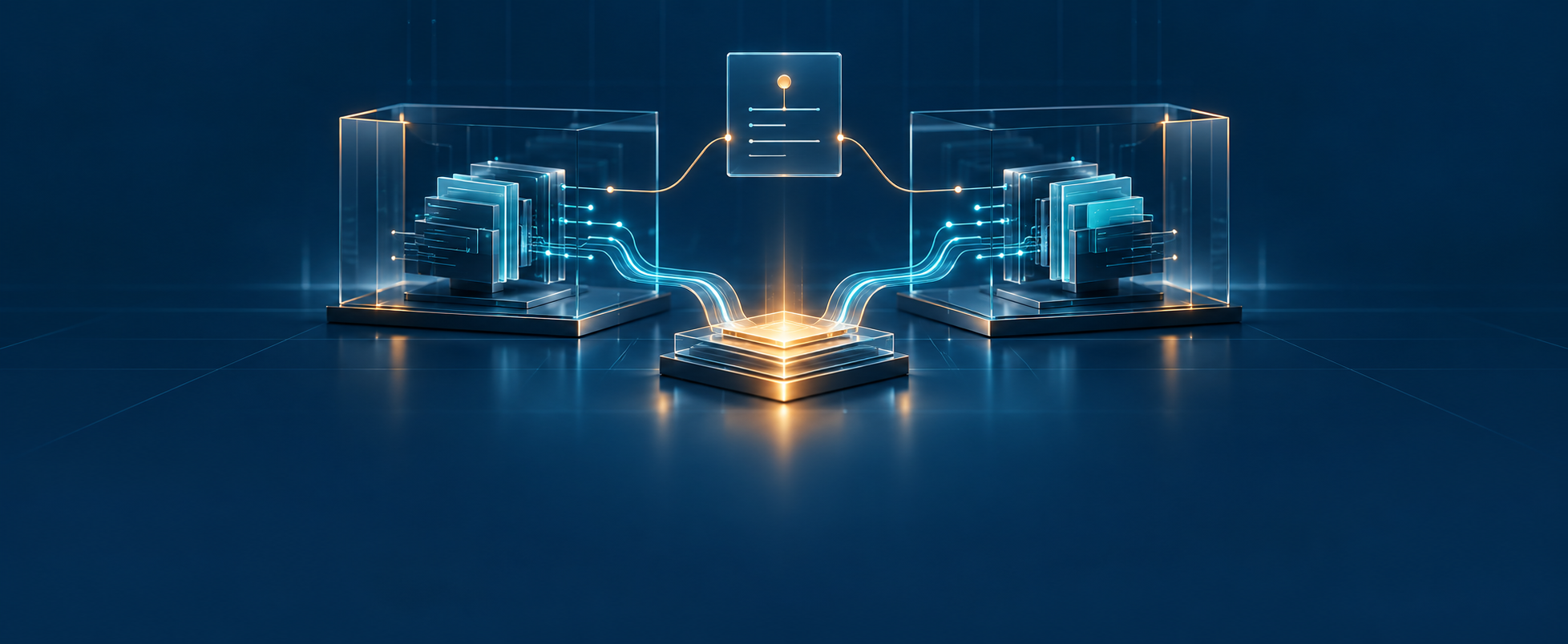 Două spații de lucru izolate pentru agenți de programare converg spre un punct comun de integrare și verificare.